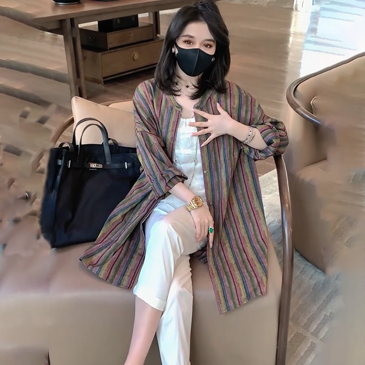 休闲撞色条纹亚麻衬衣202