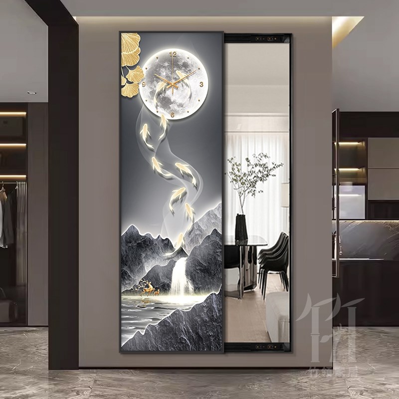 轻奢山水隐藏式全身镜可推拉玄关镜子装I饰画带钟表卧室穿衣试衣