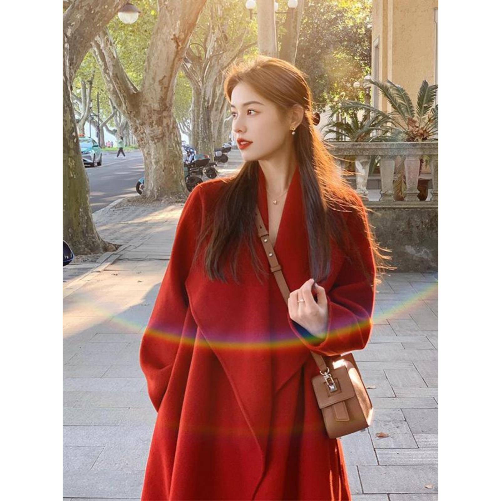 婚庆双面呢羊绒大衣女2025春秋高级感圣诞红色中长款羊毛呢外套女