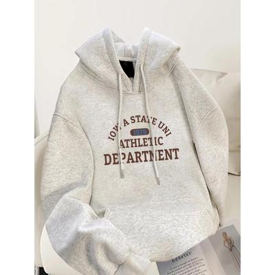 白灰色美式连帽卫衣女款2025新款爆款秋冬季潮牌长袖宽松上衣外套