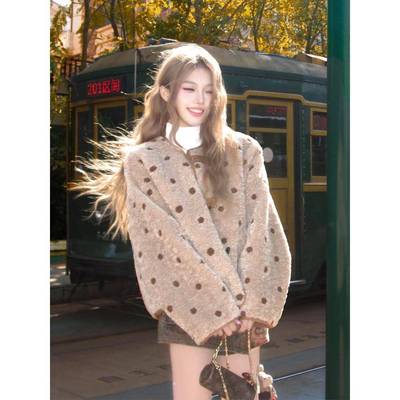 双面穿麂皮绒羊羔毛外套女冬短款时尚洋气皮毛一体波点毛绒厚上衣