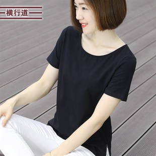 純色t恤女短袖 休閑開叉x寬松體恤黑色上衣圓領棉質打底衫 半袖 夏裝