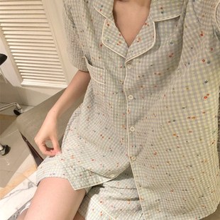 家居服套 韩版 碎花a格子睡衣女夏季 甜美蕾丝花边纯棉纱布短袖 短裤