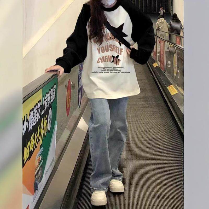 设计感小众拼色长袖T恤女春秋内搭打底衫ins潮外穿宽松上衣服