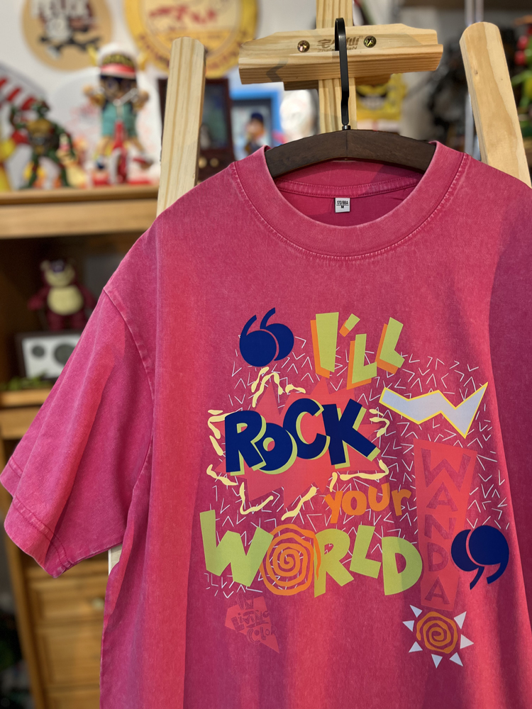 美式桃红色摇滚撼动世界字母卡通做旧原创街头ins落肩款短袖t恤