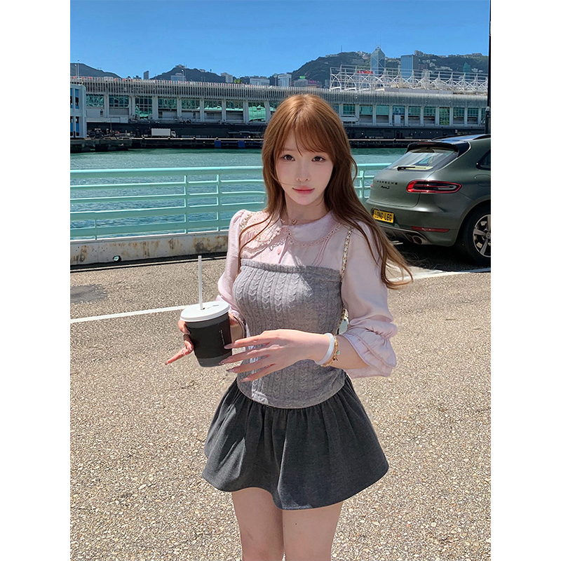 衬衫+灰色短裙显瘦套装女秋季