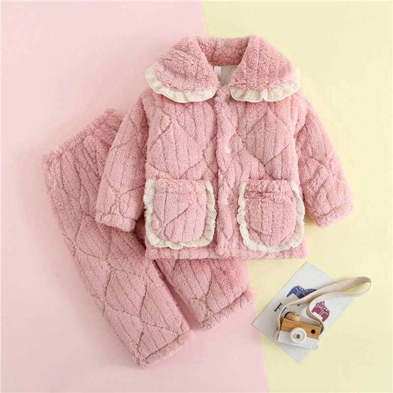 极速厂家冬季儿童睡衣加r厚法兰绒家居服套装男童小女孩三层夹棉