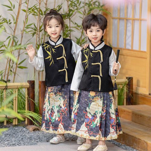 新品儿童国学g马面裙春秋男童唐装新中式班服女童古风薄款幼儿园