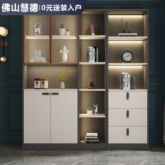 极速客厅书柜一体整墙落地组合 书架防尘玻璃门置物架.展示收纳柜