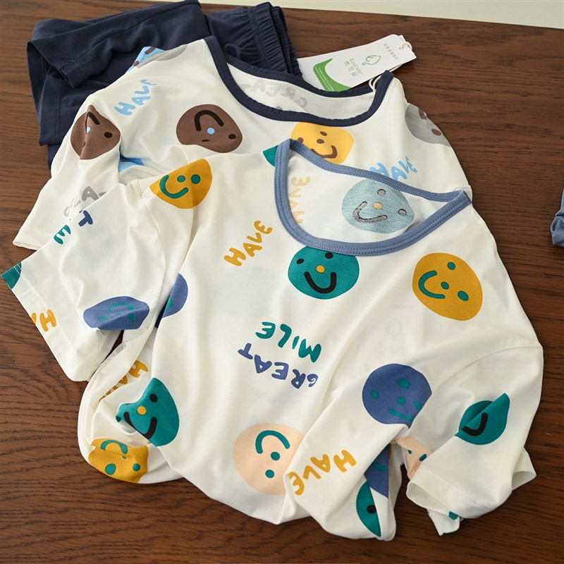 极速儿童50支优可丝家居服u套装 男童女童圆领短袖长裤睡衣 中大