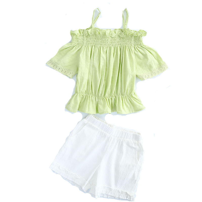 极速厂家女童一字肩上衣露肩短袖C套装灯笼袖韩版跨境休闲短裤两