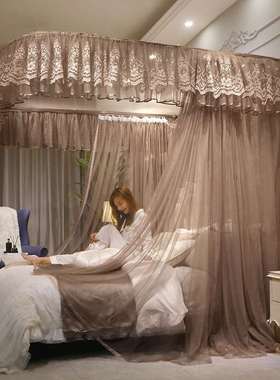 极速2022新款公主风蚊帐Uu型轨道棕色夏季落地防蚊浪漫蕾丝欧式1.