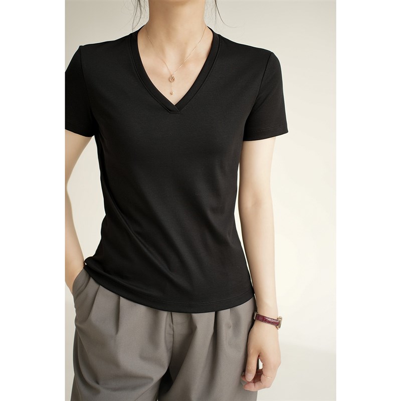 极速50支匹f马棉双面丝光 液氨棉T恤女士短袖基础V领山东网店夏款