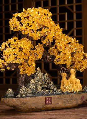 新品三阳三羊开泰羊摆p件黄水晶摇钱发财树家居客厅装饰品高端乔