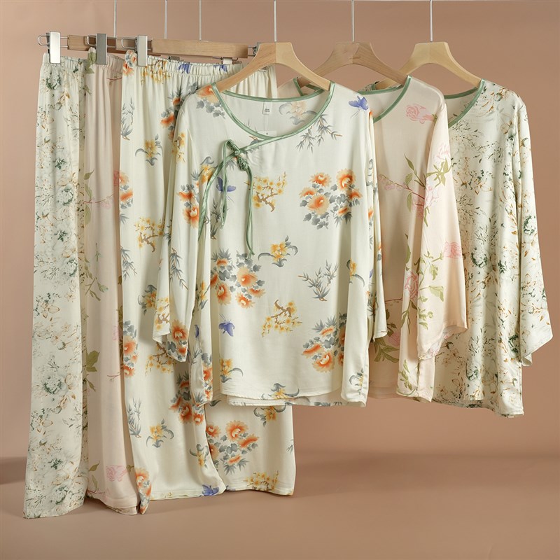 极速新中式 女士人棉家居服套装 贡缎长袖睡衣 睡裤起居Y服 春秋