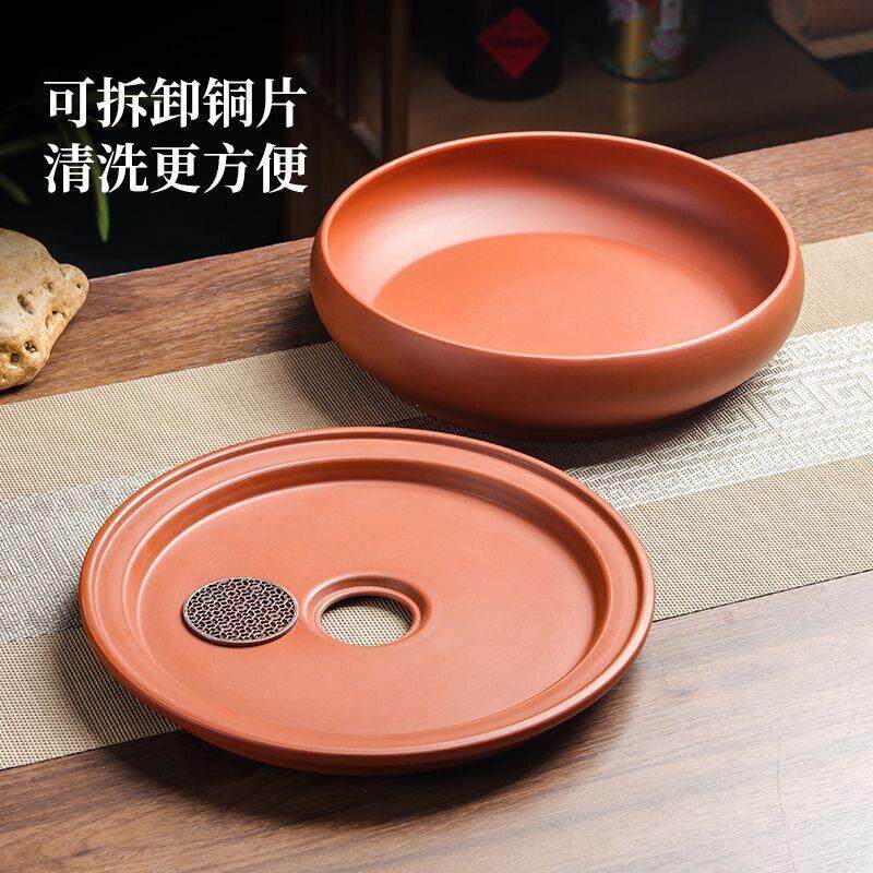 潮州纯手工紫砂茶盘朱泥茶船中式古铜钱工夫茶具家用圆形10寸12寸