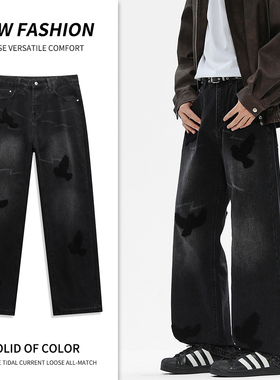 当潮马美式潮鸽子贴皮牛仔裤新款高街黑色水洗宽松直筒裤LLC2605