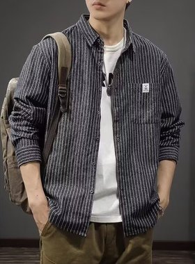 当潮马美式重磅条纹牛仔衬衫男长袖宽松工装衬衣外套潮流CL71476