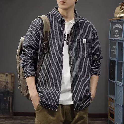 当潮马美式重磅条纹牛仔衬衫男长袖宽松工装衬衣外套潮流CL71476