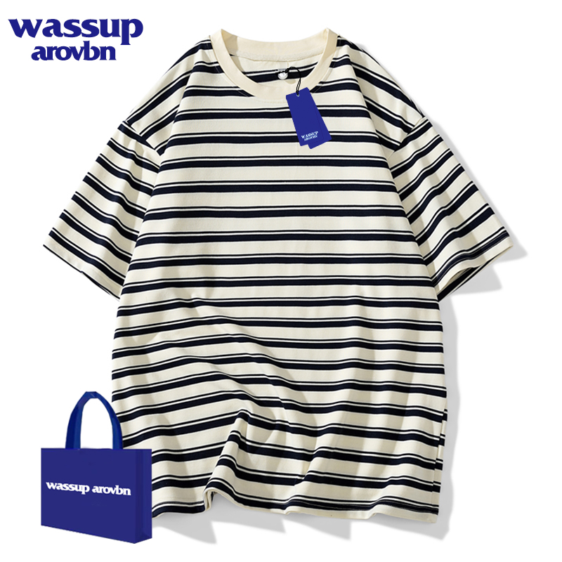 当潮马短袖上衣夏季新款条纹短袖纯棉日系复古简约休闲半袖T恤YX
