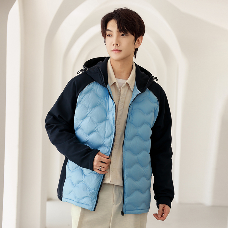 当潮马羽绒服冬季男拼接设计拼色连帽外套保暖户外运动上衣JS5657