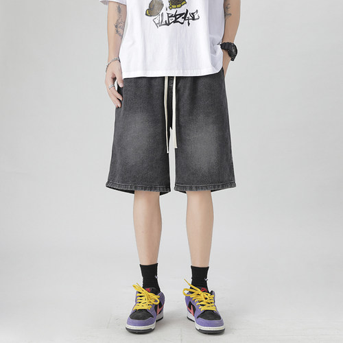 当潮马美式复古男士牛仔短裤夏季薄款潮流水洗高街休闲裤烟灰D352