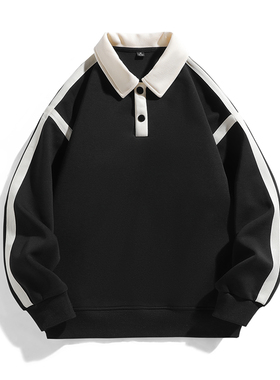 当潮马休闲卫衣秋冬新款宽松设计感小众翻领上衣简约拼色JS3557