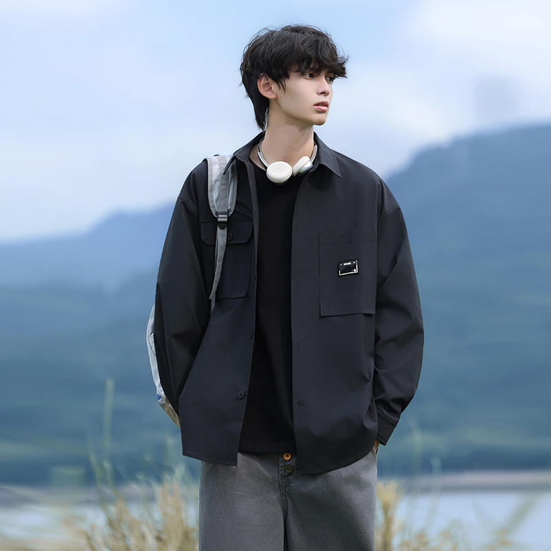 当潮马秋季新款长袖衬衫宽松休闲帅气工装男士衬衣百搭外套G808