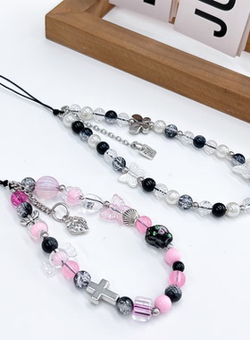 diy小众蝴蝶手机链串珠手机挂绳ins小清新挂件粉色女款轻奢ccd相机链条防丢包包挂饰钥匙可爱绳链