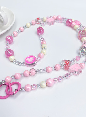 可爱手机挂绳挂脖斜挎糖果色时尚链条粉色小猫串珠手链手机链ccd防丢时尚潮流女百搭diy个性创意斜跨珍珠