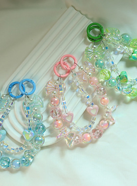 手机链条紫色水晶蝴蝶串珠挂链钥匙扣双扣手机壳挂链便携耳机套挂链ccd相机链防丢新款挂件手提手链条百搭