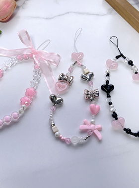 创意串珠手机链爱心仙女风蝴蝶结YYDS精致适用钥匙扣包包ccd相机小众手机壳户外爬山防丢失女款通用挂链配饰