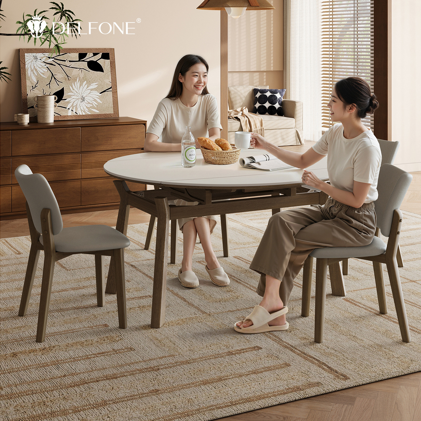 德利丰原木中古方圆两用岩板餐桌