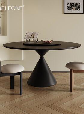 德利丰岩板圆餐桌全托底板带转盘设计师意式极简黑色飞碟吃饭桌子