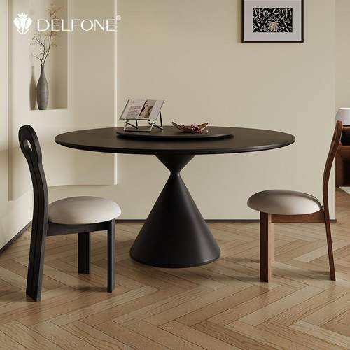 德利丰意式极简纯黑圆形岩板餐桌