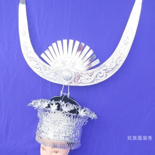 少数苗银牛角银饰中号凤冠帽子族侗族加大民族服饰头饰号帽