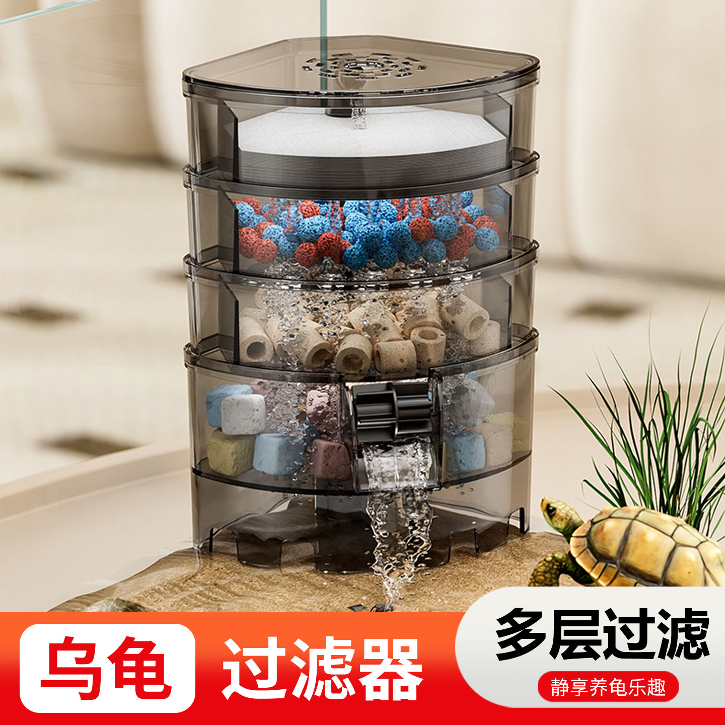 阔庭过滤器乌龟低水位鱼缸过滤制氧一体机净水循环三合一过滤盒