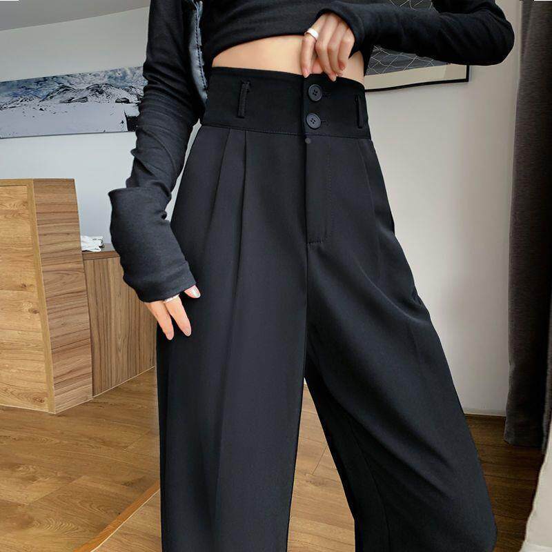 Black Suit Pants for Women Korean 2 Buttons Wide Leg Trouser - 实物图