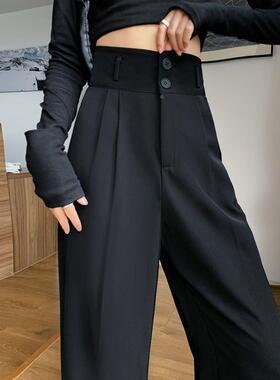 Black Suit Pants for Women Korean 2 Buttons Wide Leg Trouser
