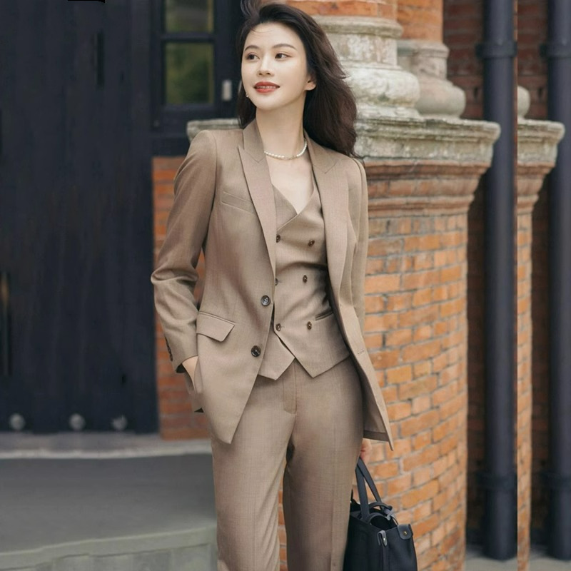 日本品质西装三件套网红服装卡其色秋冬时尚制服女装套装工装衣服