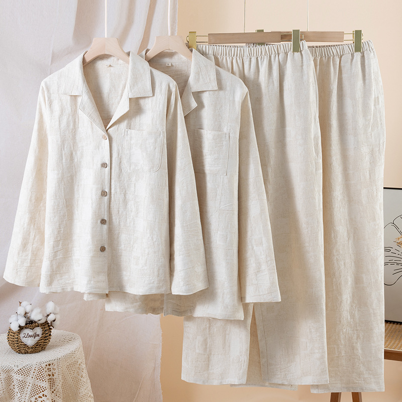 日本品质简约纯色棉麻睡衣情侣款春秋夏季薄款男女士家居服套装可