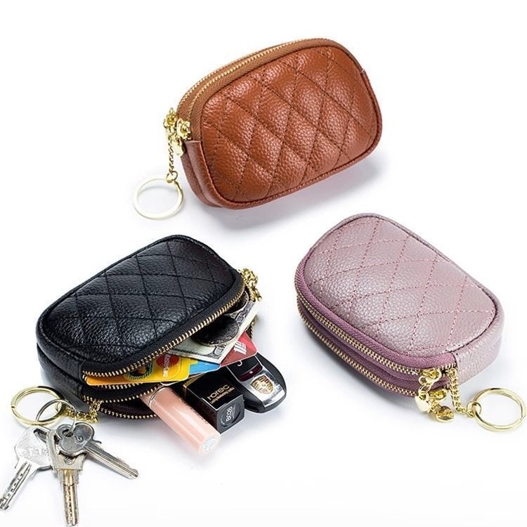 2025新款头层牛皮菱格绣线钥匙环扣硬币包双层拉链真皮小零钱包女