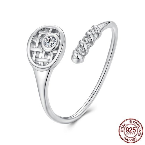 S925纯银网球拍锆石开口戒指