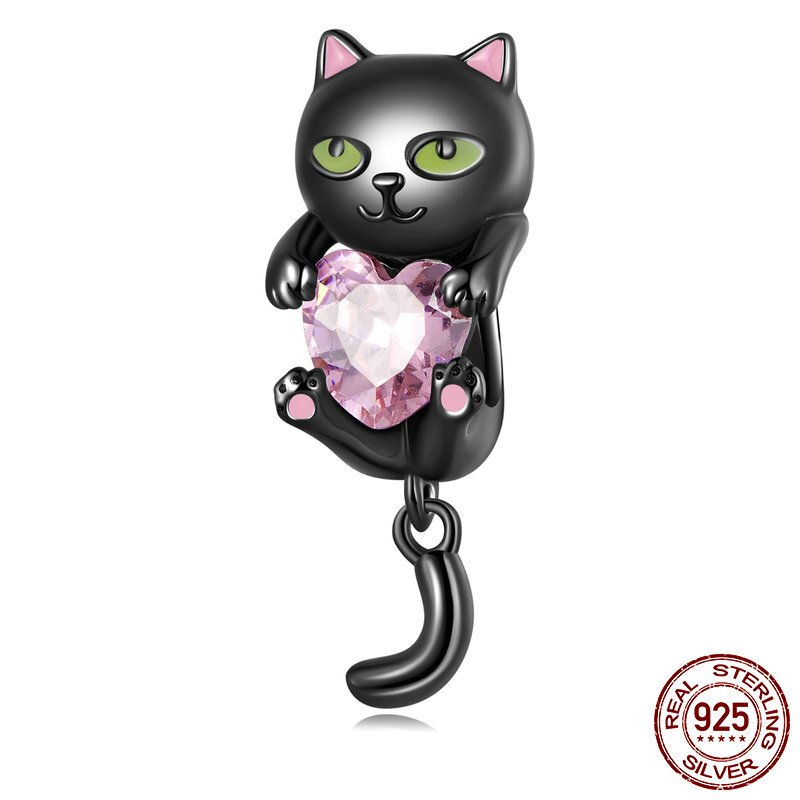 原创镀黑金小黑猫diy手链串珠 俏皮可爱动物s925银珠子配件