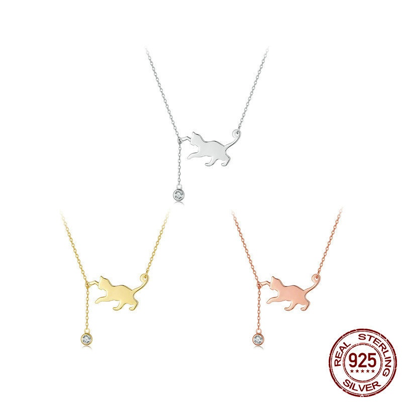 时尚可爱小猫S925纯银女士 小众设计感顽皮猫咪锁骨链饰品