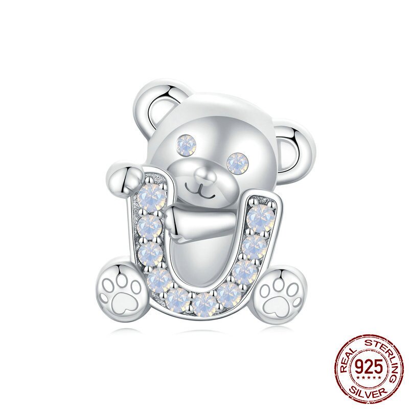 情人节可爱I LOVE U小熊串珠diy散珠s925纯银精致饰品珠子