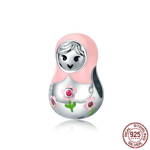 可爱粉色俄罗斯娃娃s925纯银珠子时尚镀白金diy饰品配件