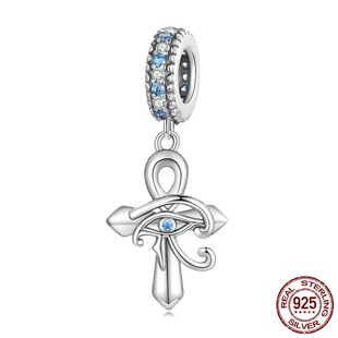 s925纯银十字架荷鲁斯之眼吊珠手链 简约锆石镂空眼睛坠子