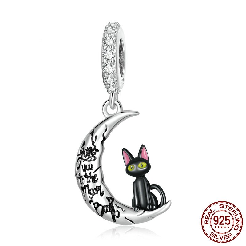 S925纯银月亮黑猫吊坠手链