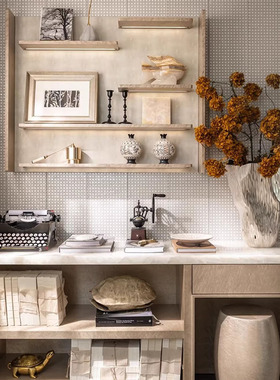 中古老钱风样板间书房书架花器花艺烛台软装摆件书桌书柜艺术装饰